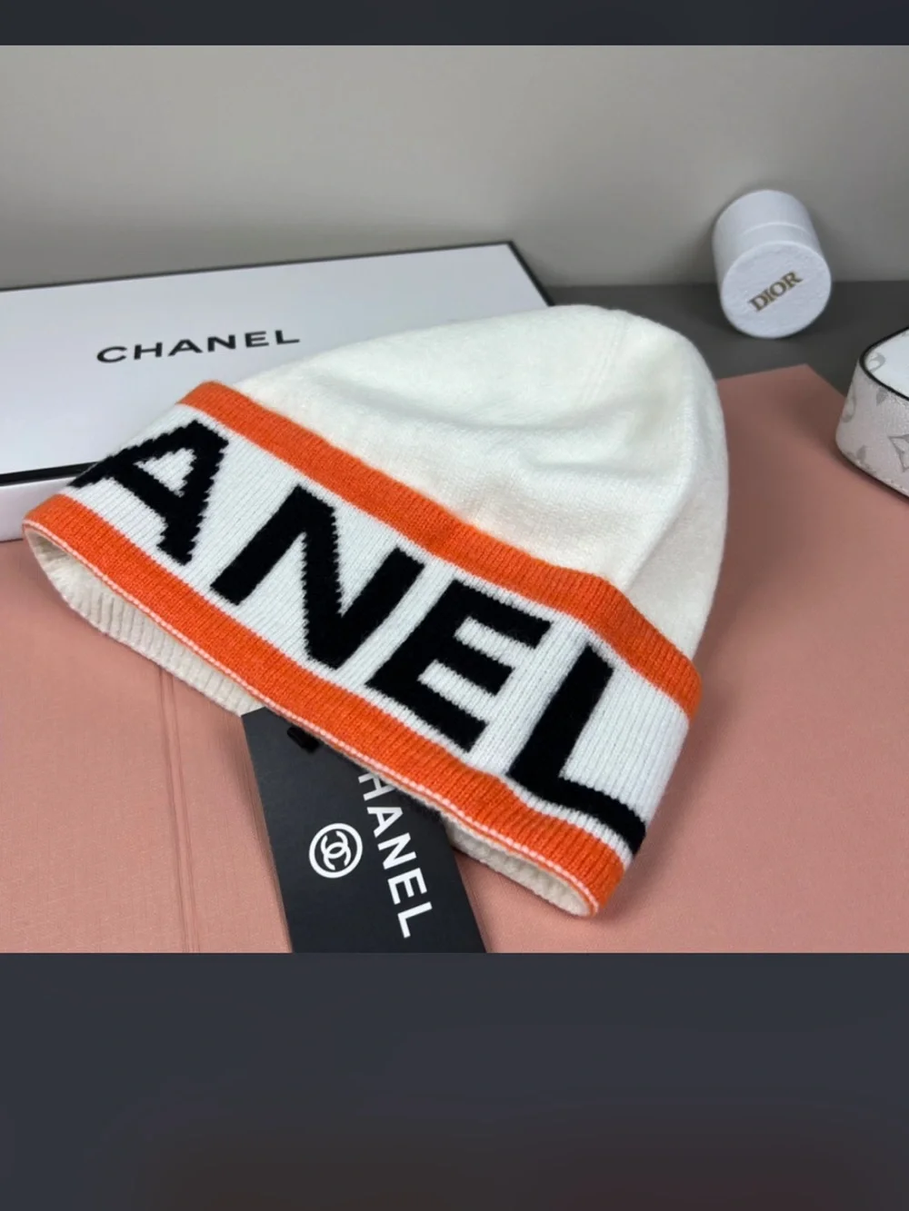 🧡 Double C Designer Large Letter Spell Out Beanie Hat Cap Orange